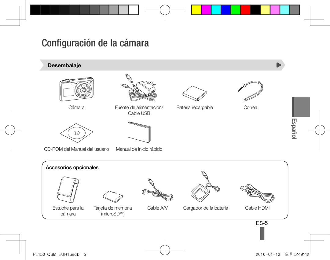 Samsung EC-PL150ZBPVDX, EC-PL151ZBDLE1, EC-PL150ZBPRGB Configuración de la cámara, ES-5, Desembalaje, Accesorios opcionales 