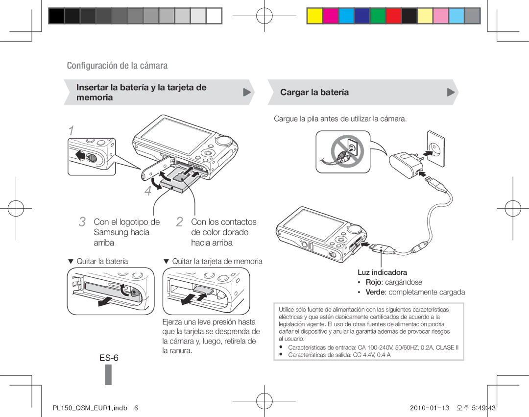 Samsung EC-PL150ZBDLVN manual ES-6, Insertar la batería y la tarjeta de memoria, Con los contactos, Cargar la batería 