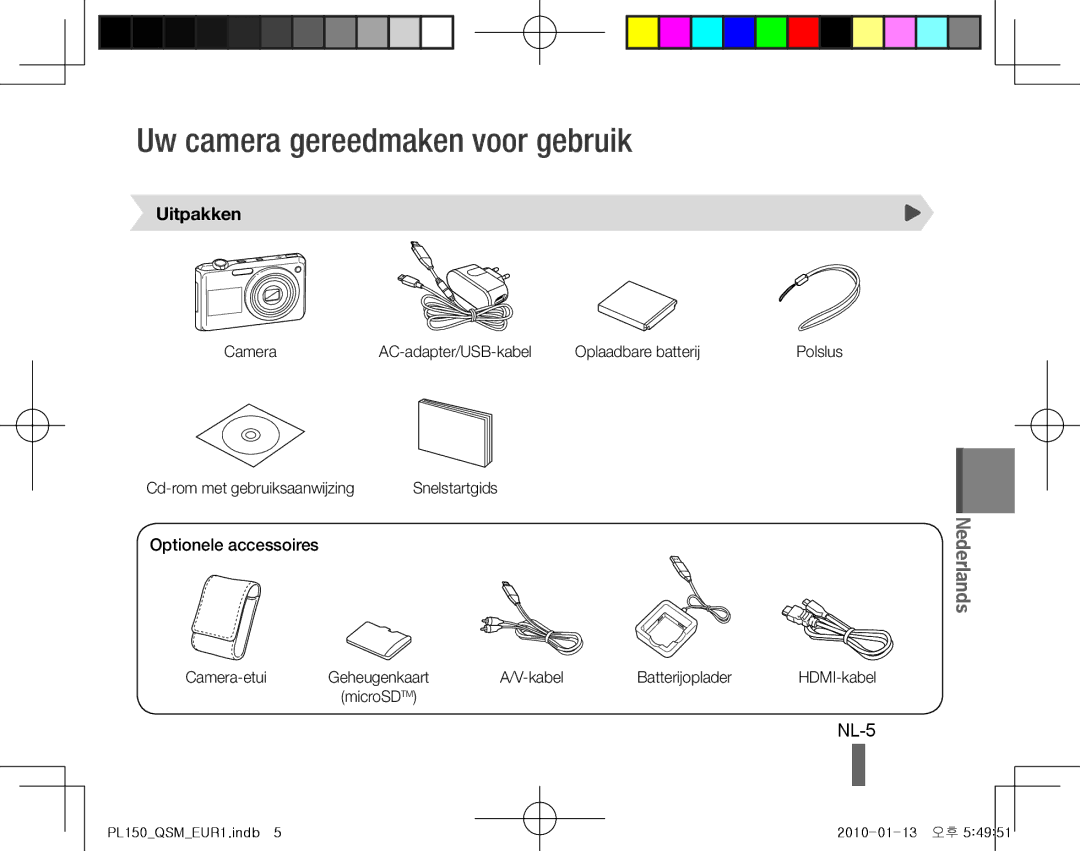 Samsung EC-PL150ZCPVCN, EC-PL151ZBDLE1 manual Uw camera gereedmaken voor gebruik, NL-5, Uitpakken, Optionele accessoires 