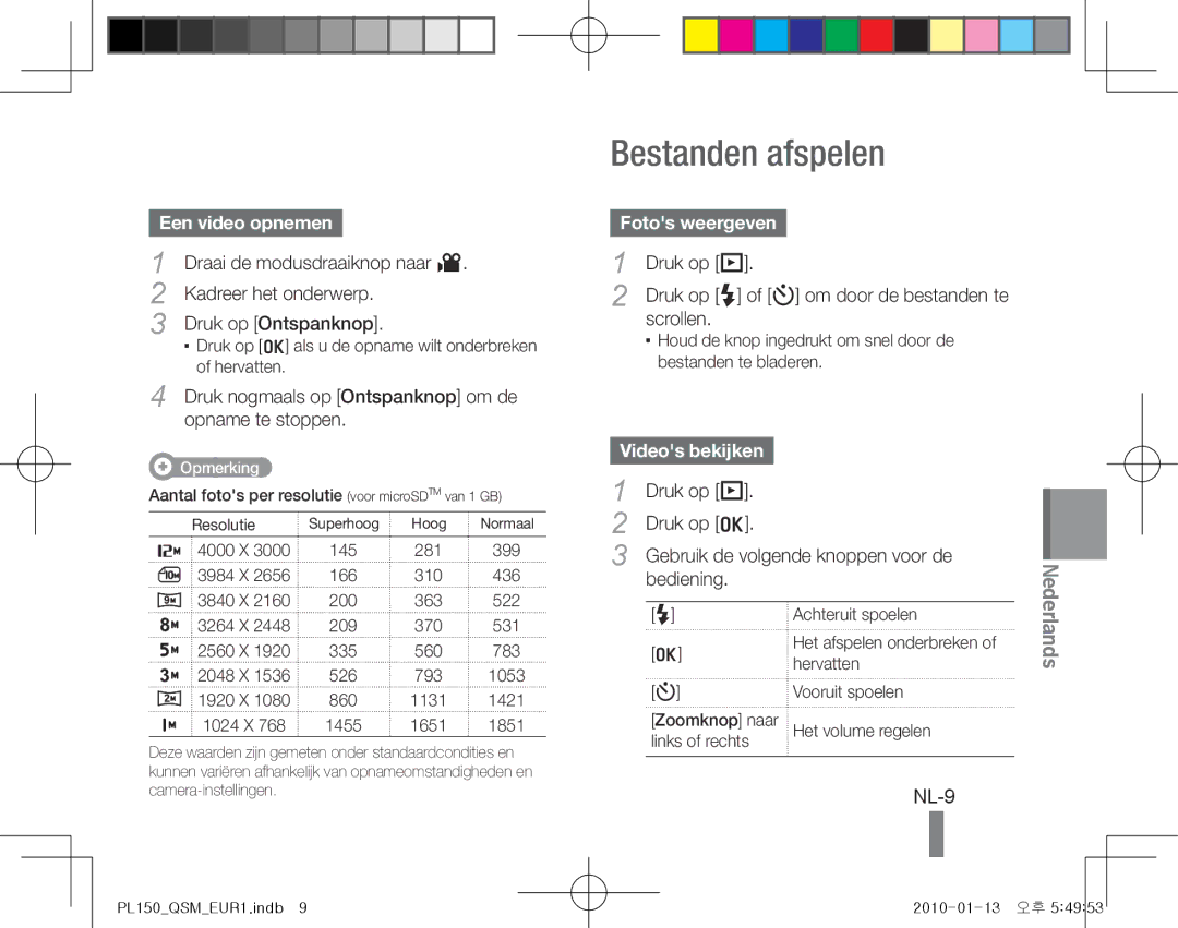 Samsung EC-PL150ZBPVE3, EC-PL151ZBDLE1 manual Bestanden afspelen, NL-9, Een video opnemen, Fotos weergeven, Videos bekijken 