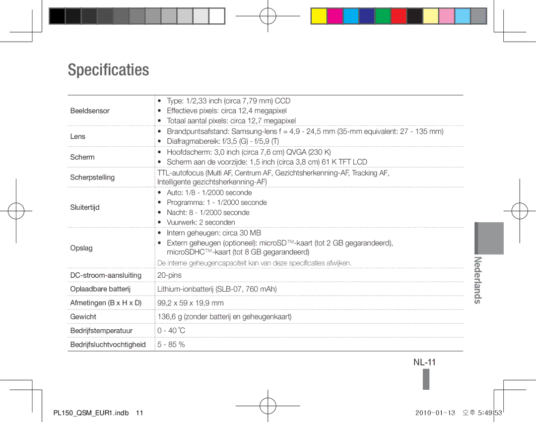 Samsung EC-PL151ZBDLE1, EC-PL150ZBPRGB Specificaties, NL-11, Beeldsensor Lens Scherm Scherpstelling Sluitertijd Opslag 