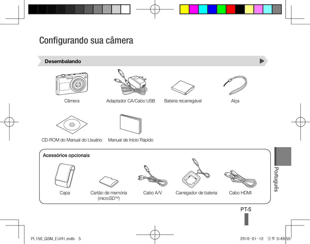 Samsung EC-PL150ZBPRE1, EC-PL151ZBDLE1, EC-PL150ZBPRGB Configurando sua câmera, PT-5, Desembalando, Acessórios opcionais 