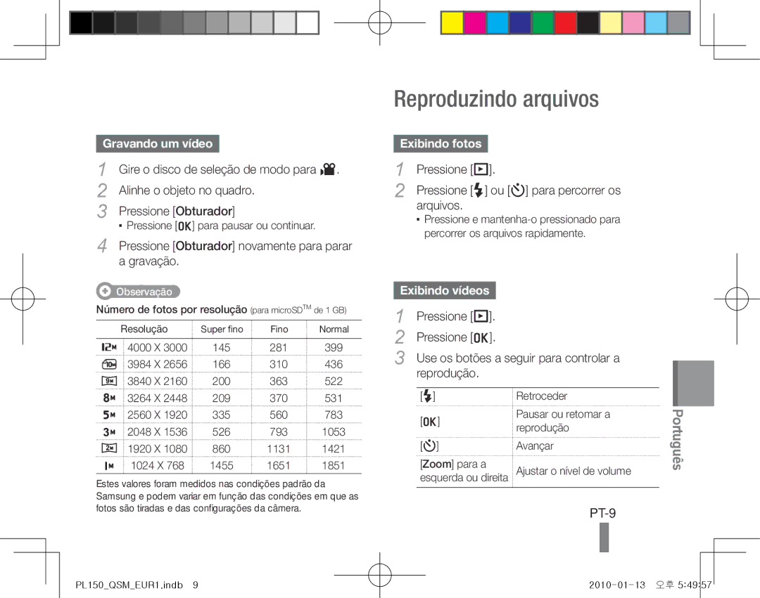 Samsung EC-PL150ZBPVIT, EC-PL151ZBDLE1 Reproduzindo arquivos, PT-9, Gravando um vídeo, Exibindo fotos, Exibindo vídeos 