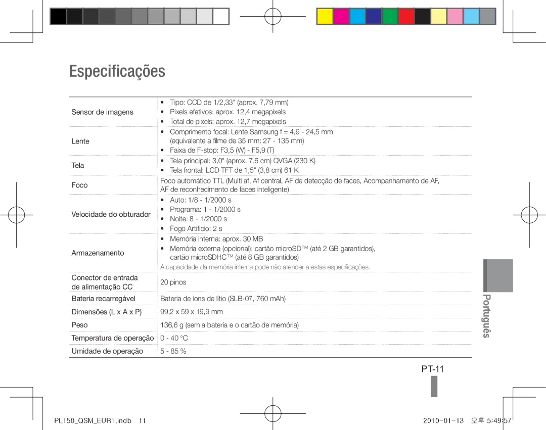 Samsung EC-PL150ZBPLIT, EC-PL151ZBDLE1, EC-PL150ZBPRGB, EC-PL151ZBDRE1, EC-PL150ZBPUE1, EC-PL150ZBPRE1 Especificações, PT-11 