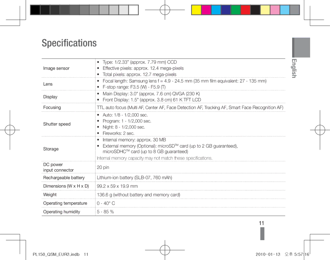 Samsung EC-PL150ZBPSIT, EC-PL151ZBDLE1 manual Specifications, Image sensor Lens Display Focusing Shutter speed Storage 