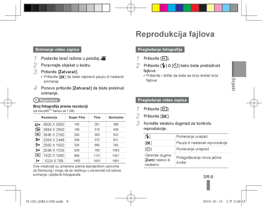 Samsung EC-PL150ZBPEE3, EC-PL151ZBDLE1 manual Reprodukcija fajlova, SR-9, Snimanje video zapisa, Pregledanje fotografija 