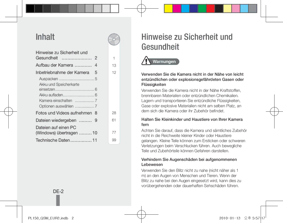 Samsung EC-PL150ZBPRIT manual Inhalt, DE-2, Hinweise zu Sicherheit und Gesundheit… …………………, Dateien auf einen PC 