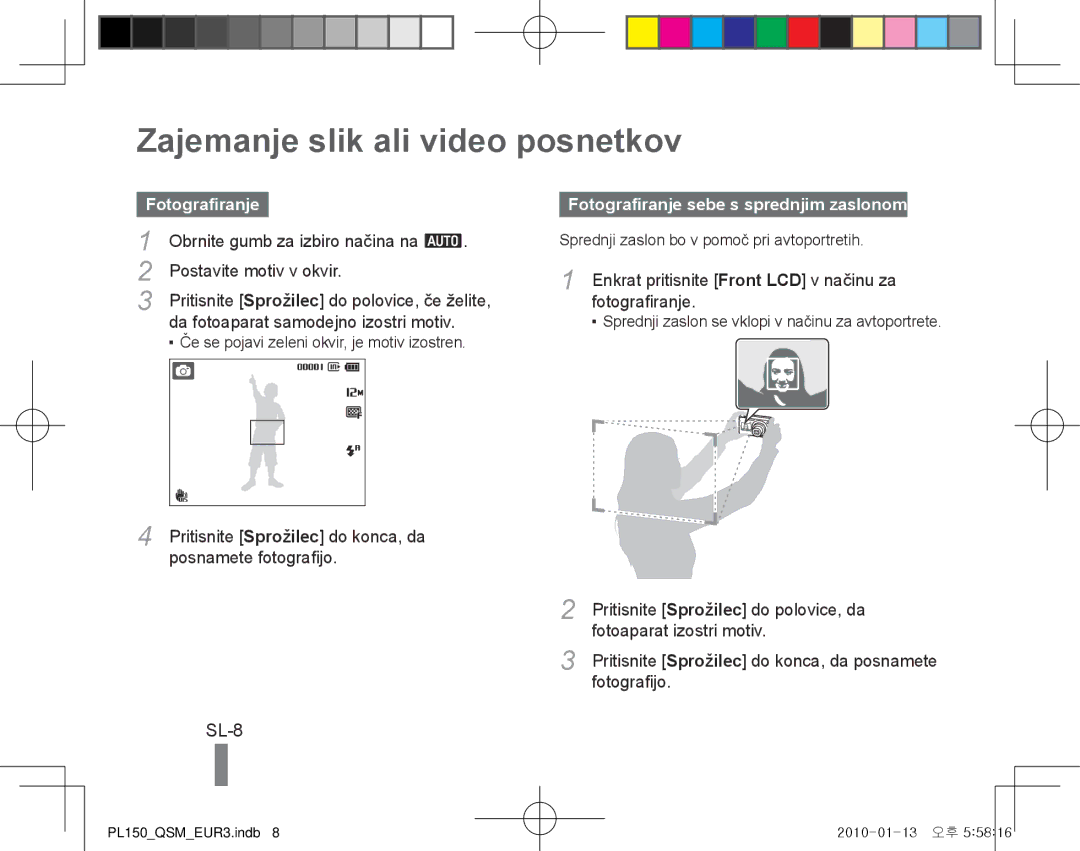 Samsung EC-PL151ZBDUE1 manual Zajemanje slik ali video posnetkov, SL-8, Fotografiranje sebe s sprednjim zaslonom 