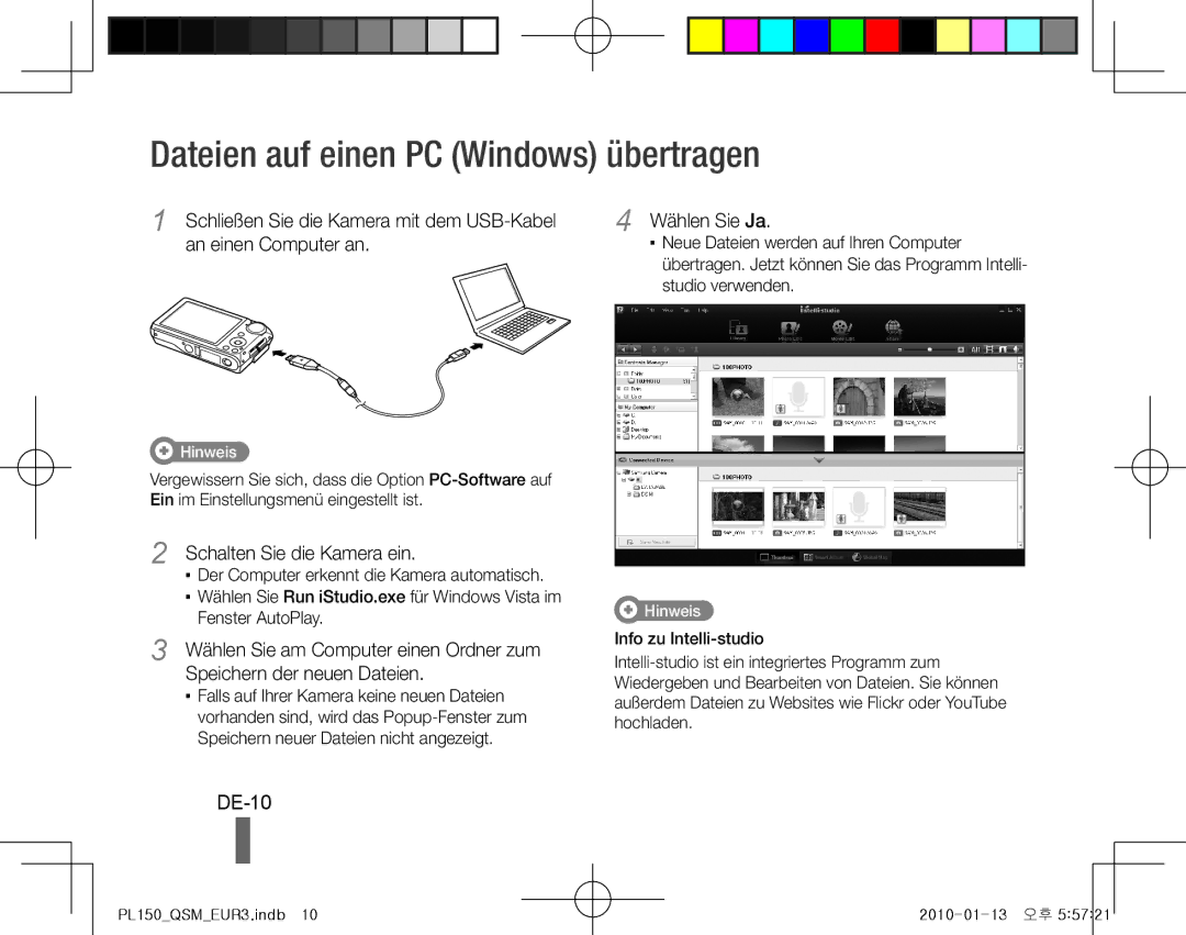 Samsung EC-PL150ZBPUSA manual Dateien auf einen PC Windows übertragen, DE-10, Schalten Sie die Kamera ein, Wählen Sie Ja 