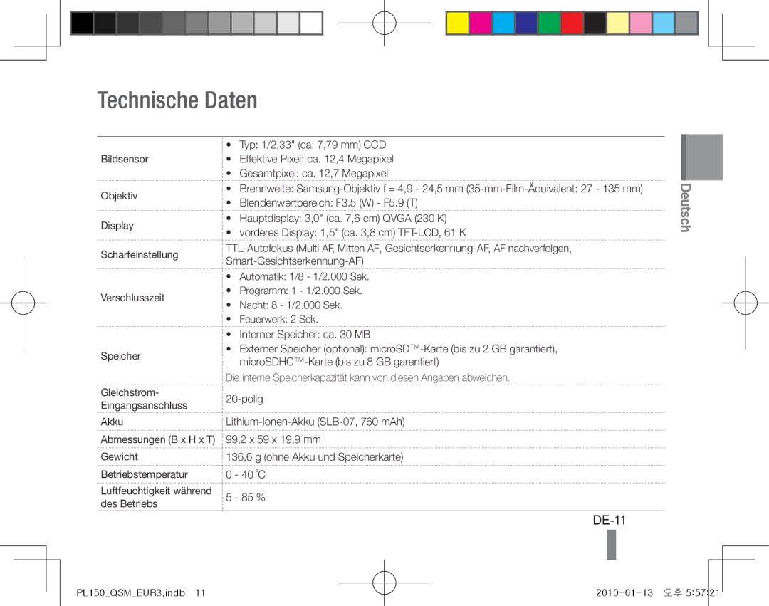 Samsung EC-PL150ZDPGIR, EC-PL151ZBDLE1, EC-PL150ZBPRGB, EC-PL151ZBDRE1, EC-PL150ZBPUE1, EC-PL150ZBPRE1 Technische Daten, DE-11 