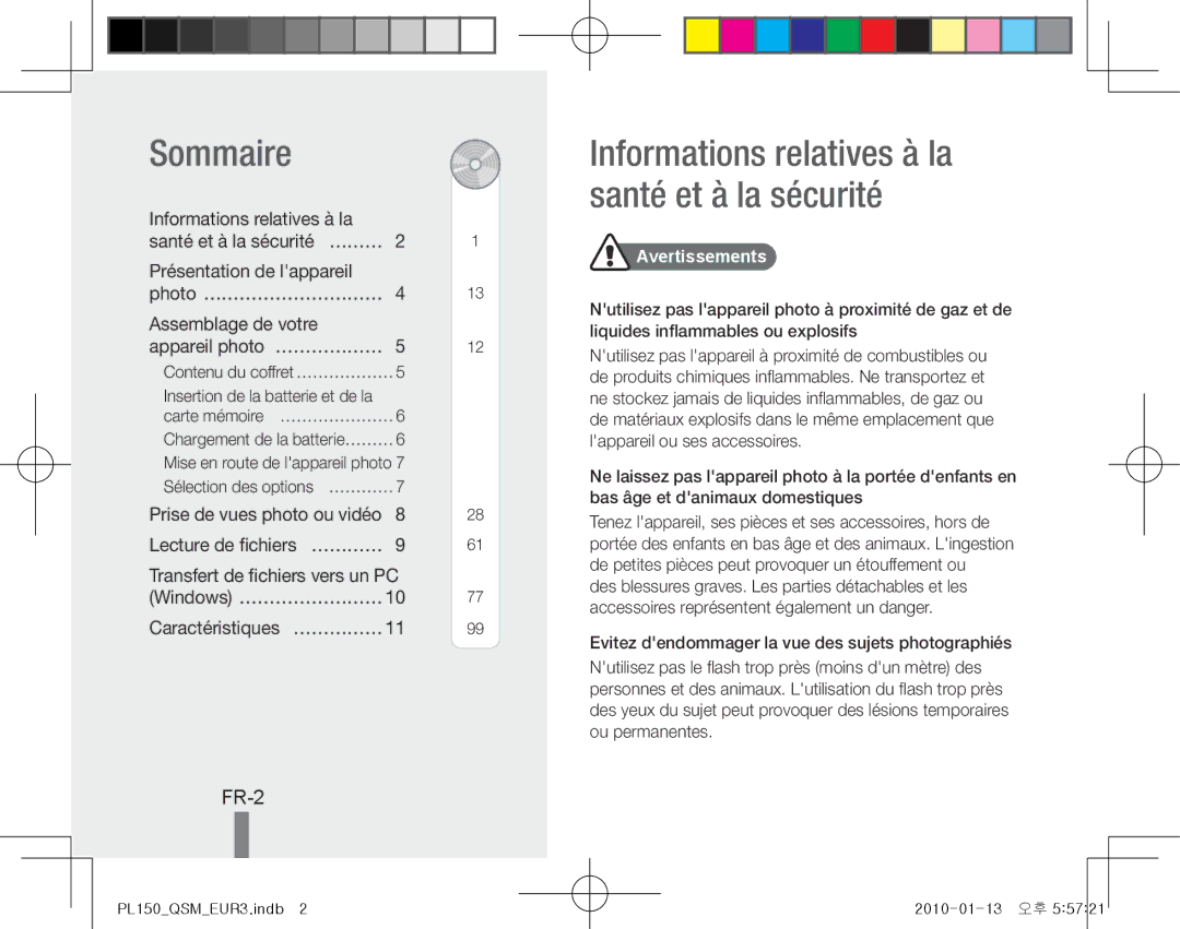 Samsung EC-PL150ZDPLIR, EC-PL151ZBDLE1 Sommaire, Informations relatives à la santé et à la sécurité, FR-2, Avertissements 