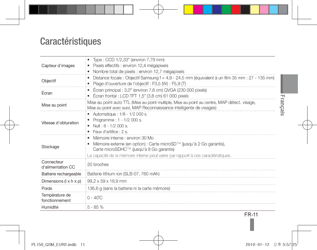 Samsung EC-PL150ZDPRME, EC-PL151ZBDLE1, EC-PL150ZBPRGB, EC-PL151ZBDRE1, EC-PL150ZBPUE1, EC-PL150ZBPRE1 Caractéristiques, FR-11 