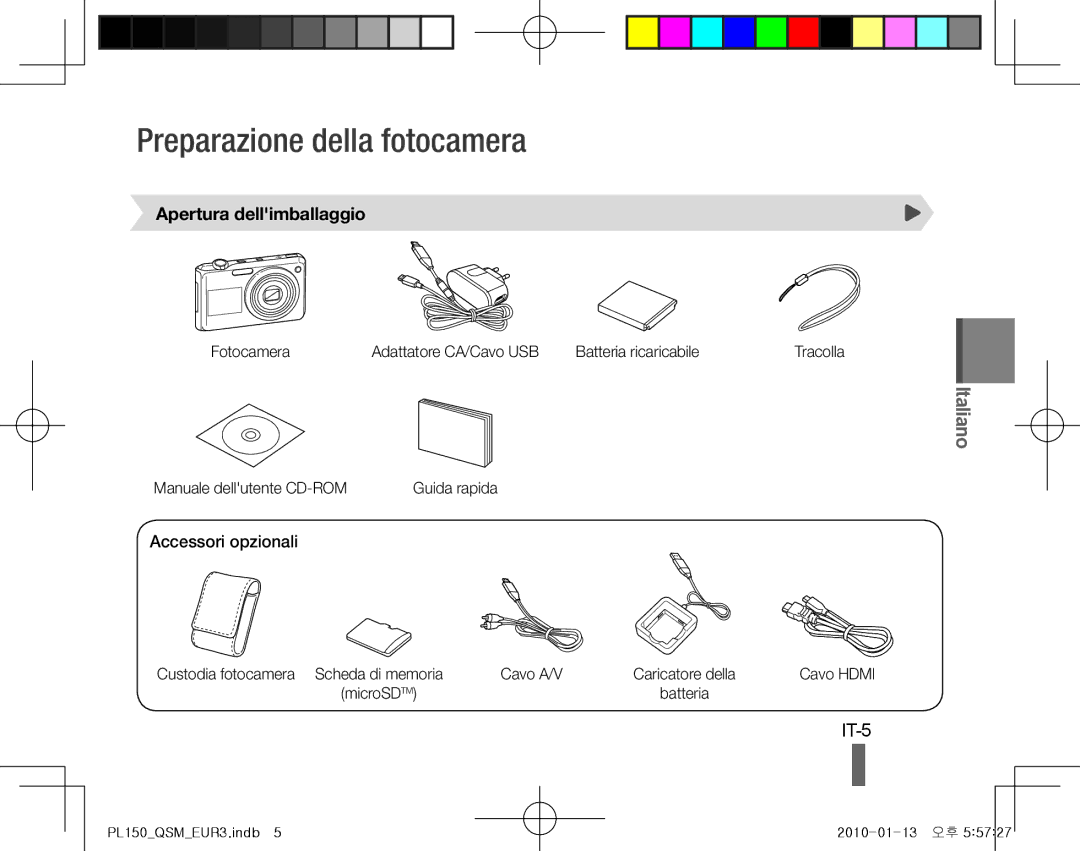 Samsung EC-PL150ZBPVDX manual Preparazione della fotocamera, Italiano, IT-5, Apertura dellimballaggio, Accessori opzionali 