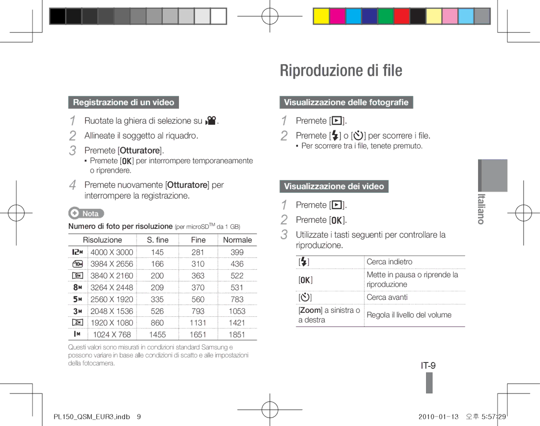 Samsung EC-PL151ZBDGVN manual Riproduzione di file, IT-9, Registrazione di un video, Visualizzazione delle fotografie 