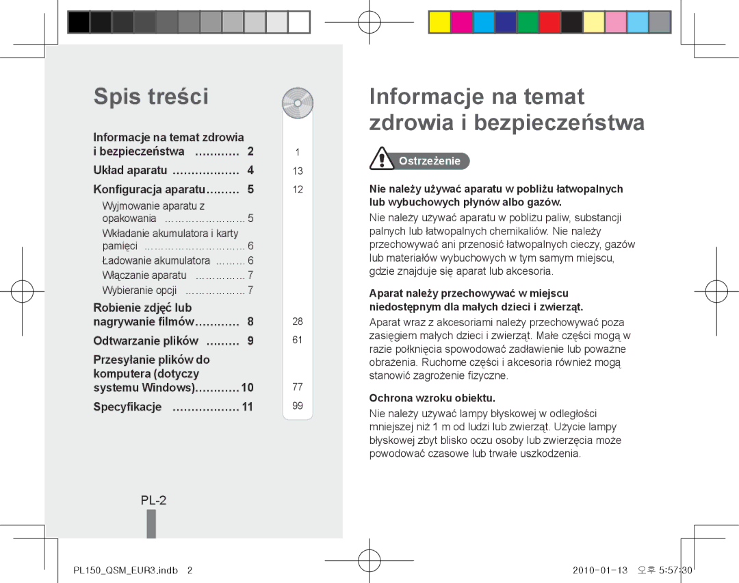 Samsung EC-PL150ZBPRVN, EC-PL151ZBDLE1 manual Spis treści, Informacje na temat zdrowia i bezpieczeństwa, PL-2, Ostrzeżenie 