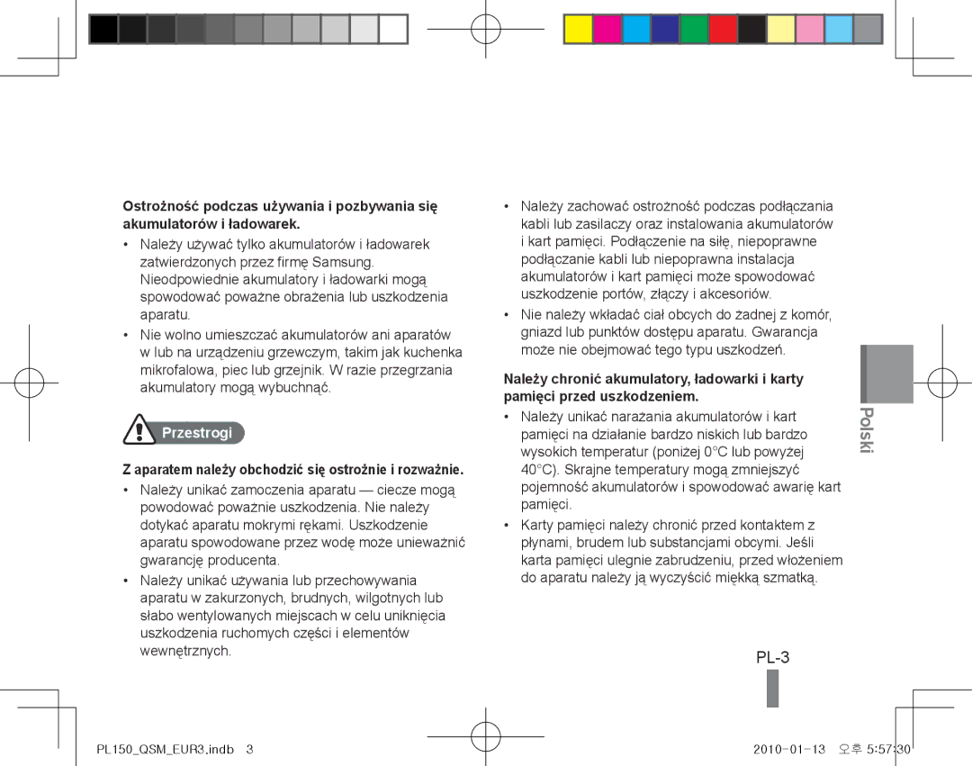 Samsung EC-PL151ZBDVVN, EC-PL151ZBDLE1, EC-PL150ZBPRGB manual PL-3, Przestrogi, Należy unikać narażania akumulatorów i kart 