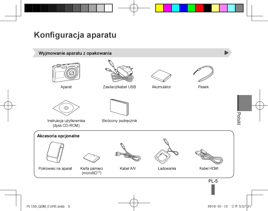 Samsung EC-PL150ZBPRE3 manual Konfiguracja aparatu, PL-5, Polski, Wyjmowanie aparatu z opakowania, Akcesoria opcjonalne 