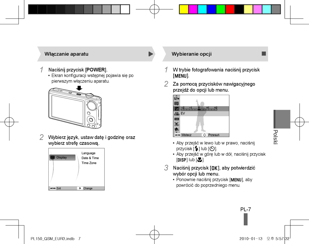Samsung EC-PL150ZBPUE3, EC-PL151ZBDLE1, EC-PL150ZBPRGB PL-7, Włączanie aparatu, Naciśnij przycisk Power, Wybieranie opcji 