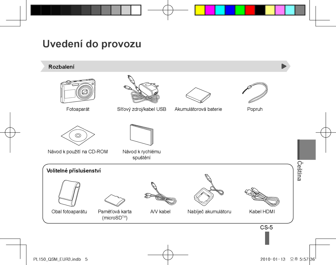 Samsung EC-PL150ZCPVCN, EC-PL151ZBDLE1, EC-PL150ZBPRGB manual Uvedení do provozu, CS-5, Rozbalení, Volitelné příslušenství 