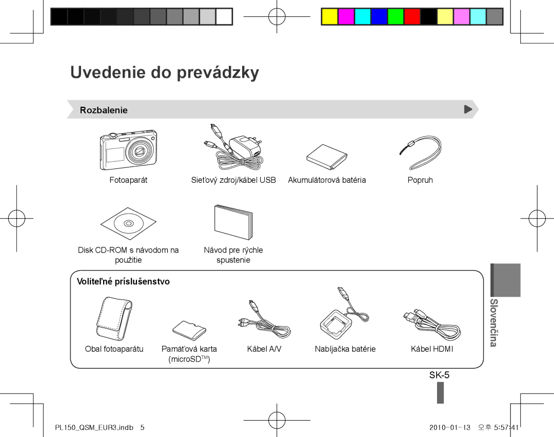 Samsung EC-PL150ZBPRE1, EC-PL151ZBDLE1, EC-PL150ZBPRGB Uvedenie do prevádzky, SK-5, Rozbalenie, Voliteľné príslušenstvo 