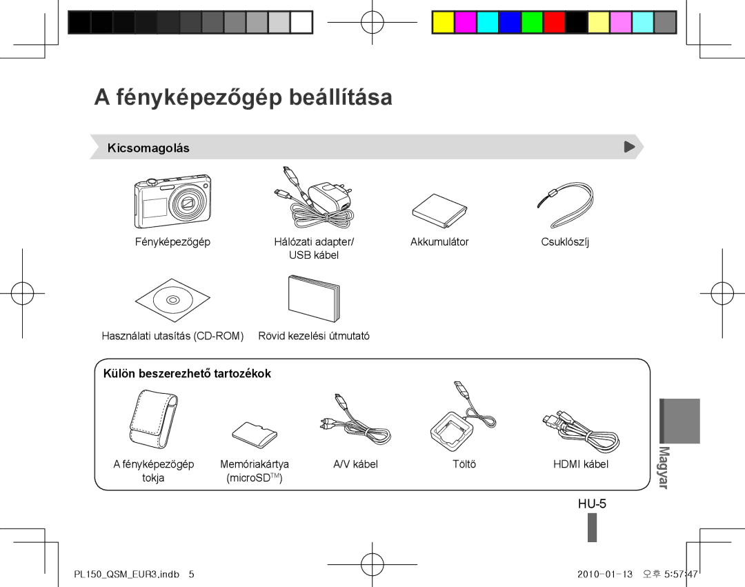 Samsung EC-PL150ZDPRIR, EC-PL151ZBDLE1 manual Fényképezőgép beállítása, HU-5, Kicsomagolás, Külön beszerezhető tartozékok 