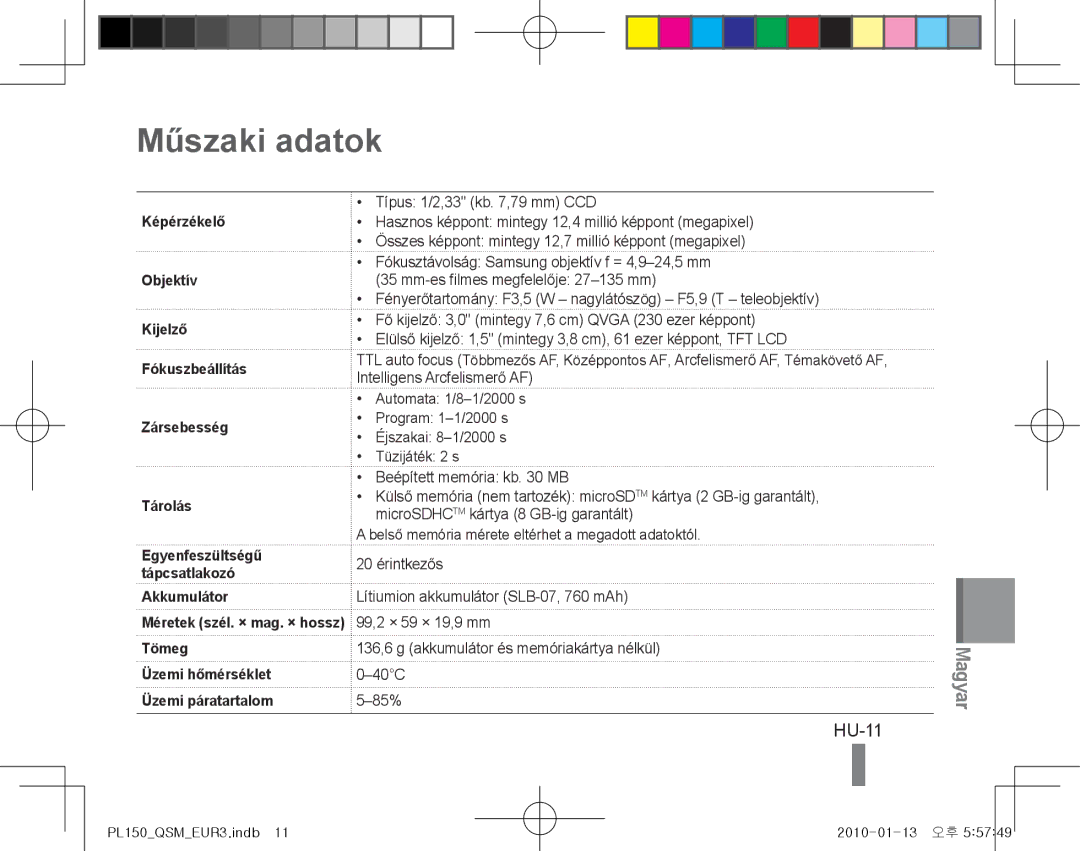 Samsung EC-PL150ZBPUSA, EC-PL151ZBDLE1, EC-PL150ZBPRGB, EC-PL151ZBDRE1, EC-PL150ZBPUE1, EC-PL150ZBPRE1 Műszaki adatok, HU-11 