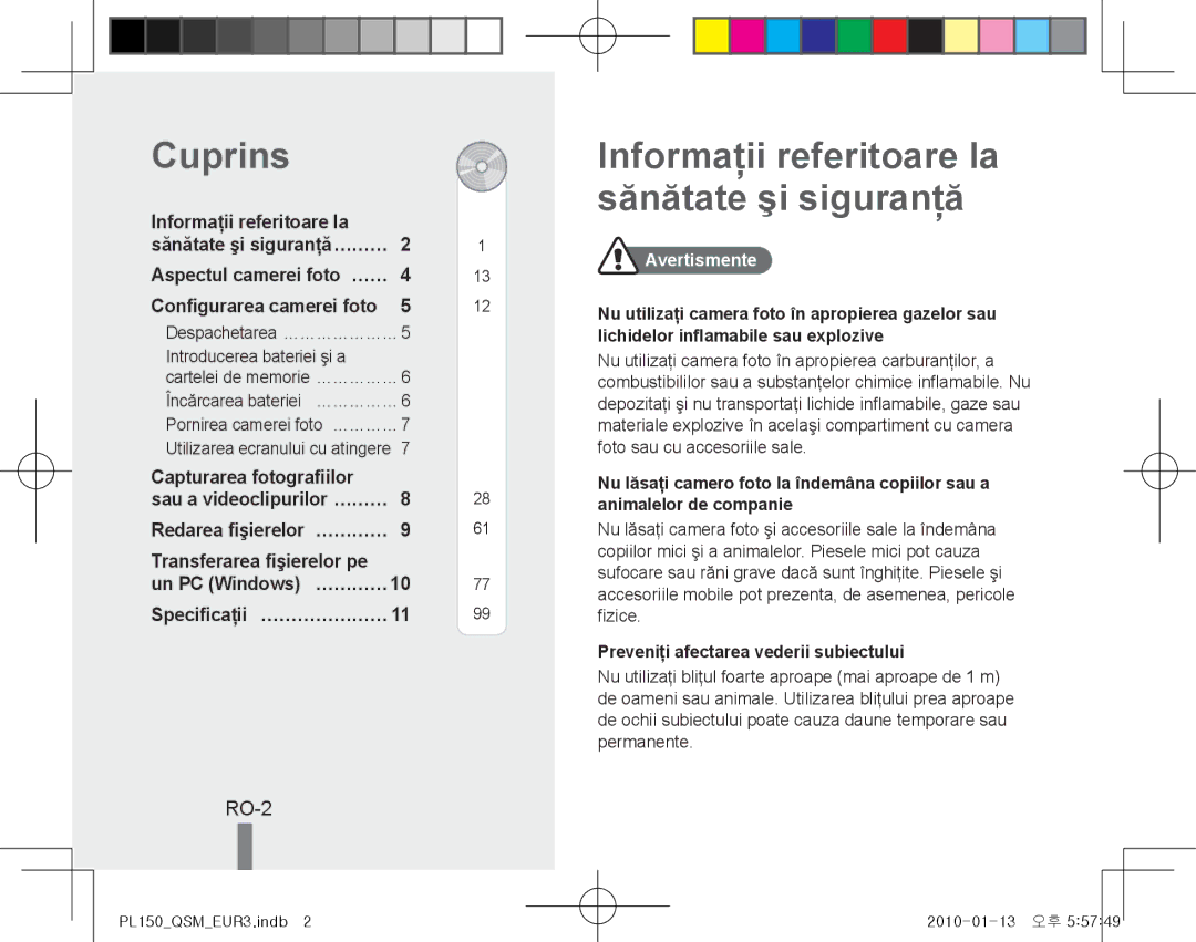 Samsung EC-PL150ZDPGIR, EC-PL151ZBDLE1, EC-PL150ZBPRGB manual Cuprins, Informaţii referitoare la sănătate şi siguranţă, RO-2 