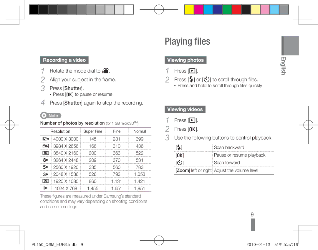 Samsung EC-PL150ZBPUIT Playing files, Recording a video, Viewing photos, Press P Press F or t to scroll through files 