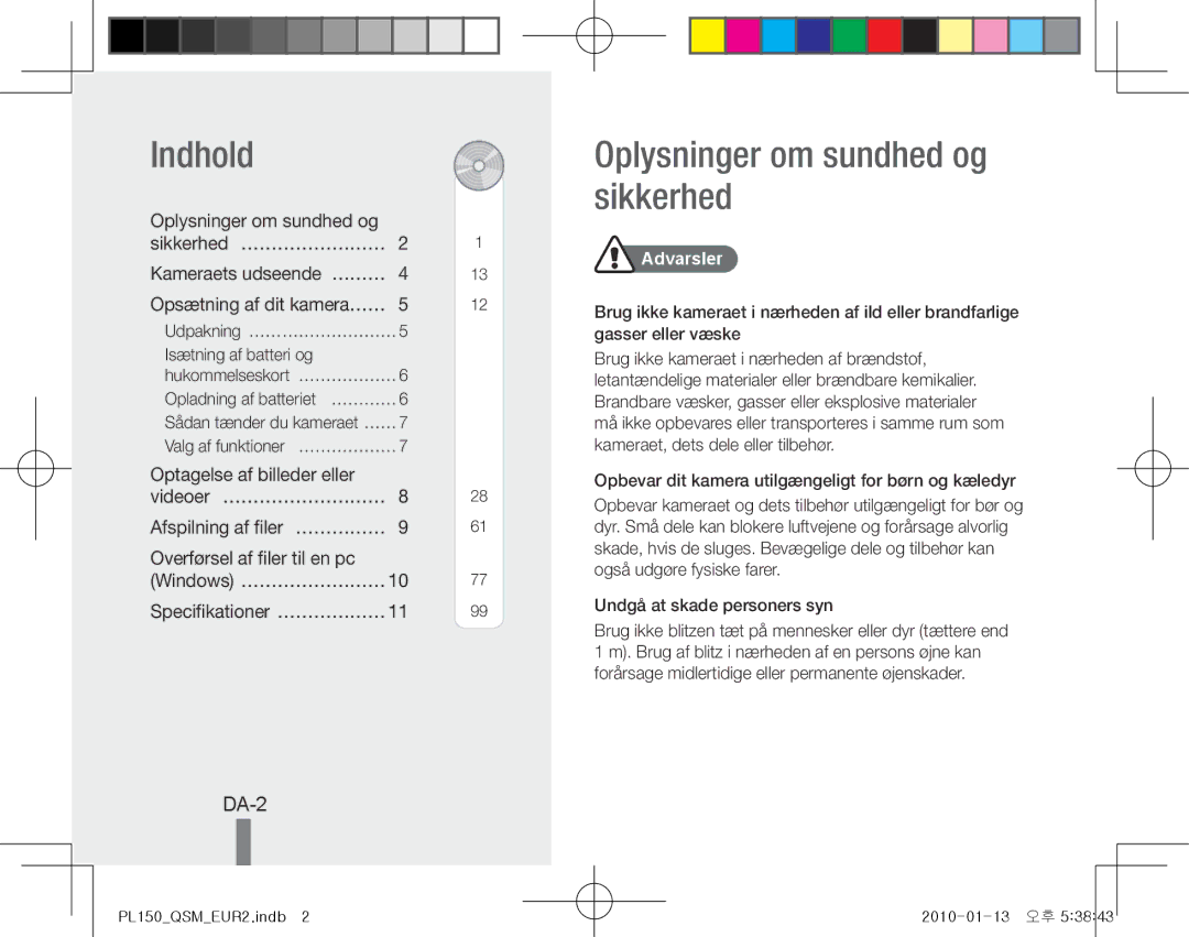 Samsung EC-PL150ZDPVIR, EC-PL151ZBDLE1, EC-PL150ZBPRGB manual Indhold, Oplysninger om sundhed og sikkerhed, DA-2, Advarsler 