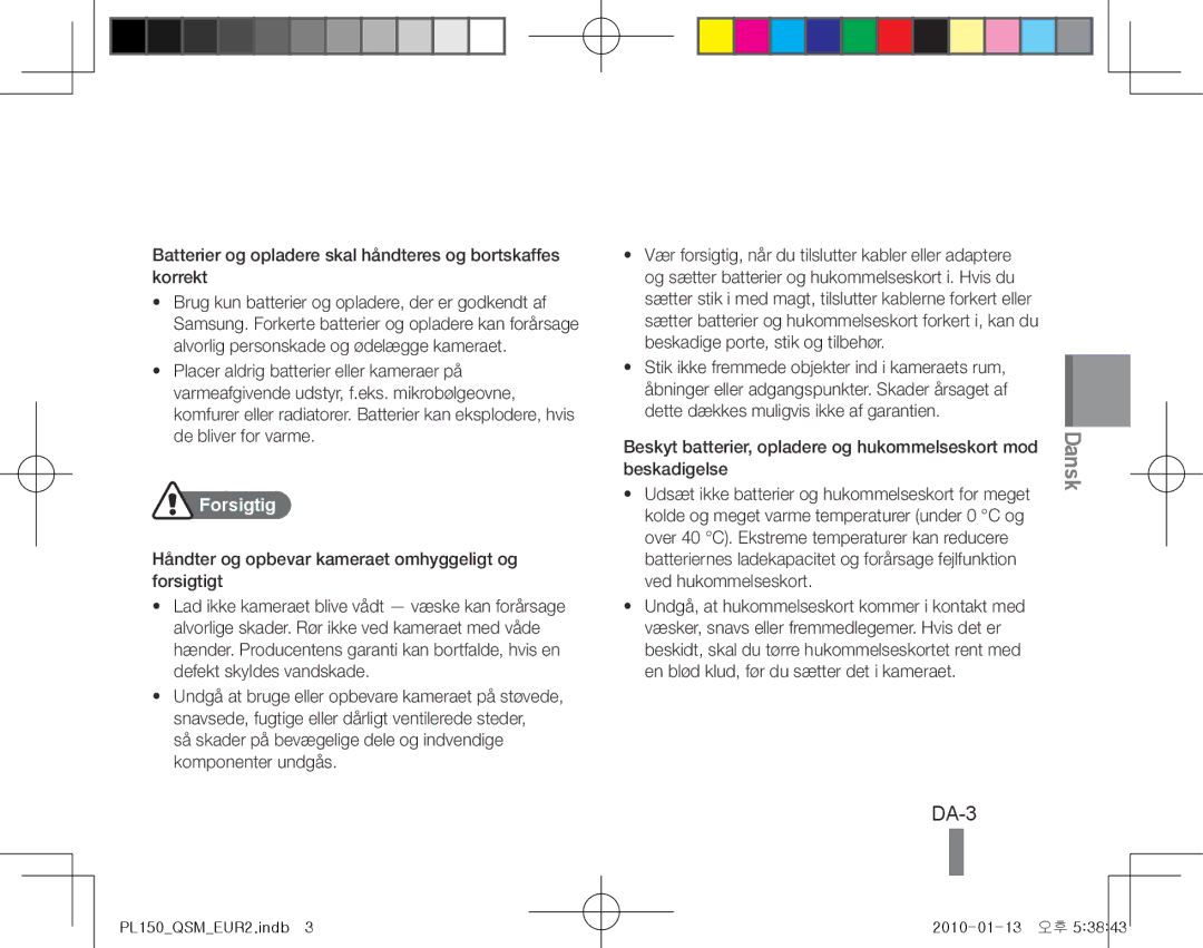 Samsung EC-PL150ZBPGSA, EC-PL151ZBDLE1 manual DA-3, Batterier og opladere skal håndteres og bortskaffes korrekt, Forsigtig 