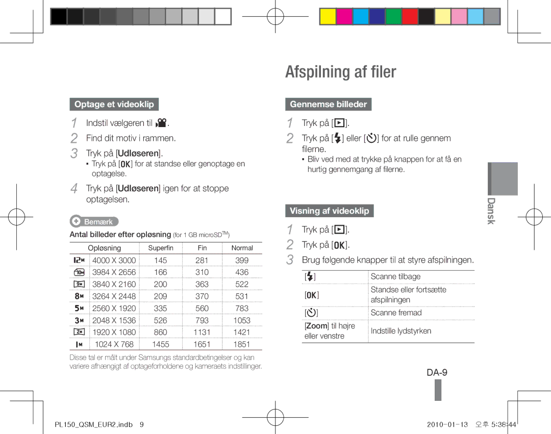 Samsung EC-PL151ZBDGVN, EC-PL151ZBDLE1, EC-PL150ZBPRGB Afspilning af filer, DA-9, Optage et videoklip, Gennemse billeder 