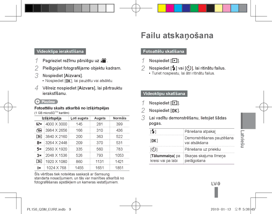 Samsung EC-PL150ZBPVE3, EC-PL151ZBDLE1 manual Failu atskaņošana, LV-9, Videoklipa ierakstīšana, Fotoattēlu skatīšana 