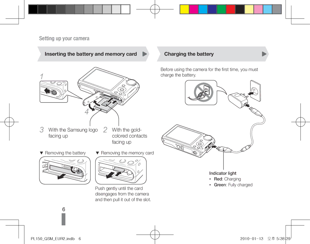 Samsung EC-PL151ZBDUE1, EC-PL151ZBDLE1 manual Inserting the battery and memory card Charging the battery, Colored contacts 