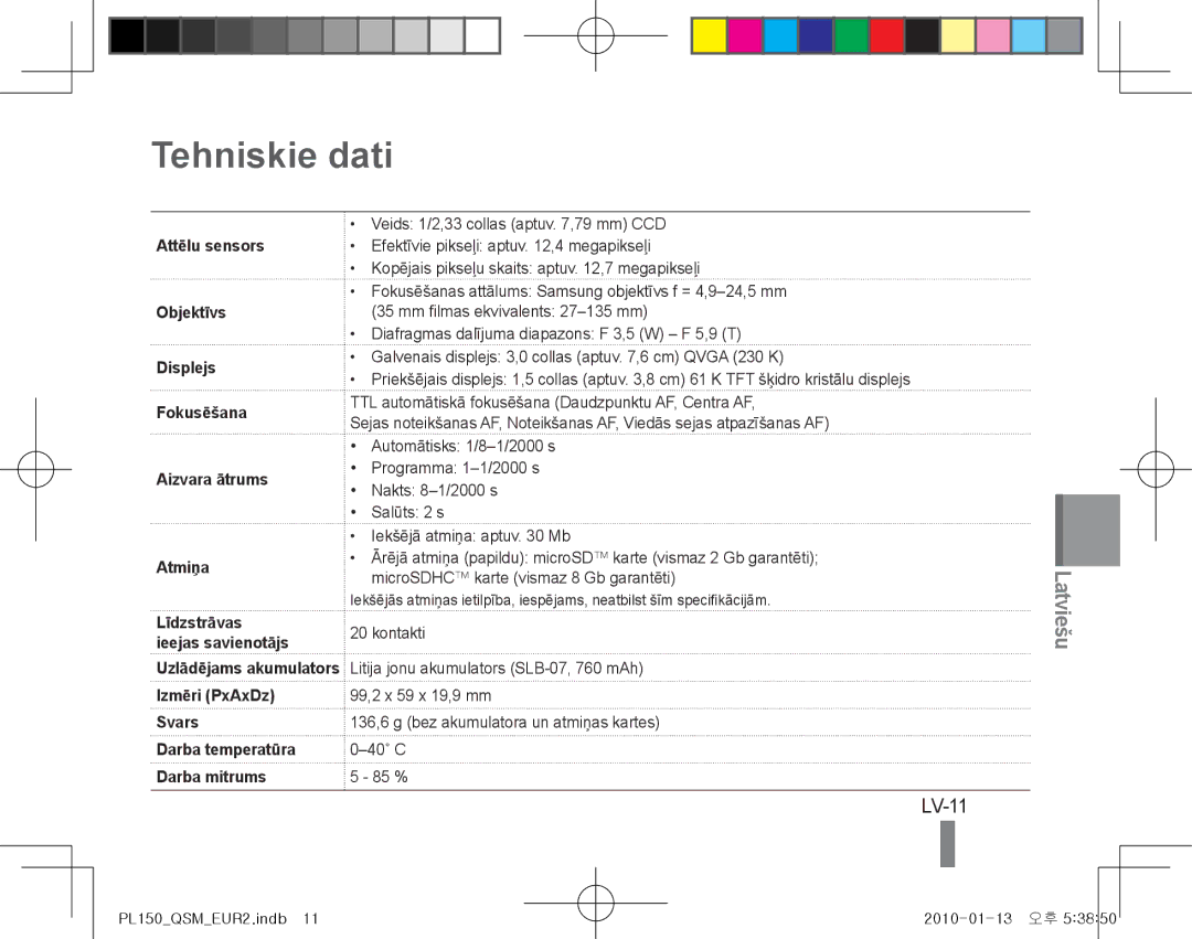 Samsung EC-PL151ZBDLE1, EC-PL150ZBPRGB, EC-PL151ZBDRE1 manual Tehniskie dati, LV-11, Līdzstrāvas Kontakti Ieejas savienotājs 