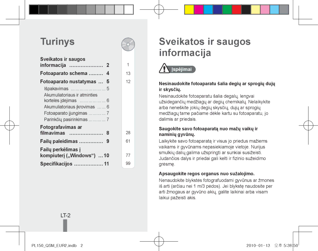 Samsung EC-PL150ZBPRGB, EC-PL151ZBDLE1, EC-PL151ZBDRE1 manual Turinys, Sveikatos ir saugos informacija, LT-2, Įspėjimai 