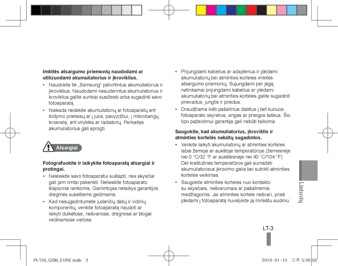 Samsung EC-PL151ZBDRE1, EC-PL151ZBDLE1, EC-PL150ZBPRGB, EC-PL150ZBPUE1, EC-PL150ZBPRE1, EC-PL150ZBPLE1 manual LT-3, Atsargiai 