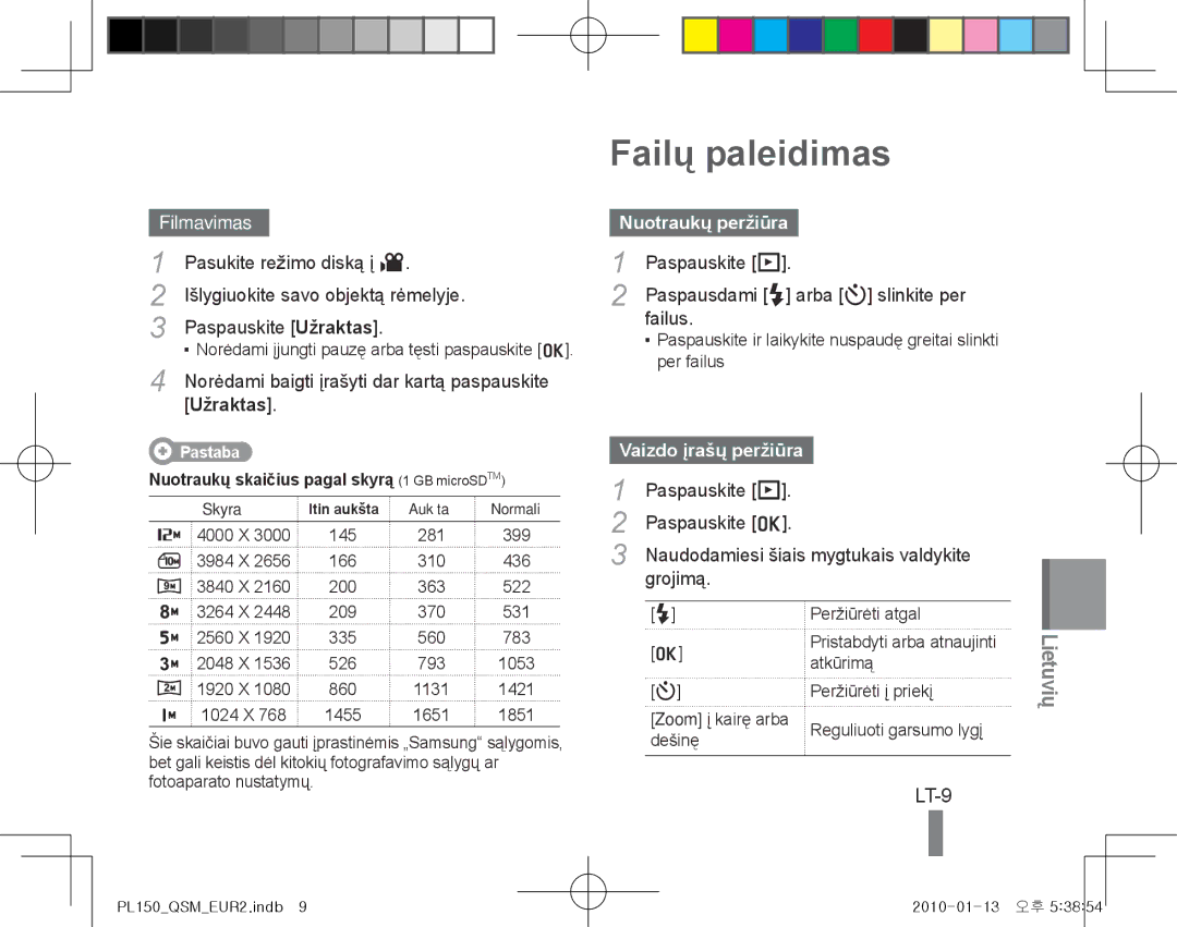 Samsung EC-PL150ZBPVIT, EC-PL151ZBDLE1 manual Failų paleidimas, LT-9, Filmavimas, Nuotraukų peržiūra, Vaizdo įrašų peržiūra 