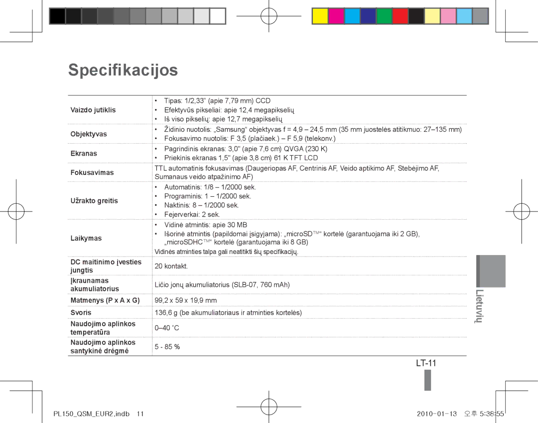 Samsung EC-PL150ZBPLIT, EC-PL151ZBDLE1, EC-PL150ZBPRGB, EC-PL151ZBDRE1, EC-PL150ZBPUE1, EC-PL150ZBPRE1 Specifikacijos, LT-11 