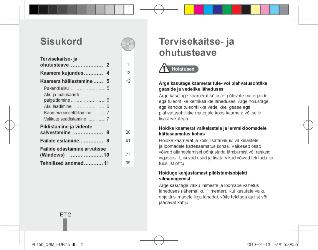 Samsung EC-PL150ZBPSIT, EC-PL151ZBDLE1, EC-PL150ZBPRGB manual Sisukord, Tervisekaitse- ja ohutusteave, ET-2, Hoiatused 