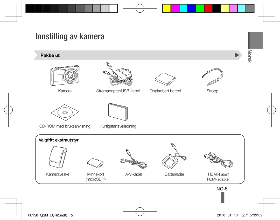 Samsung EC-PL150ZBPRSA, EC-PL151ZBDLE1, EC-PL150ZBPRGB manual Innstilling av kamera, NO-5, Pakke ut, Valgfritt ekstrautstyr 