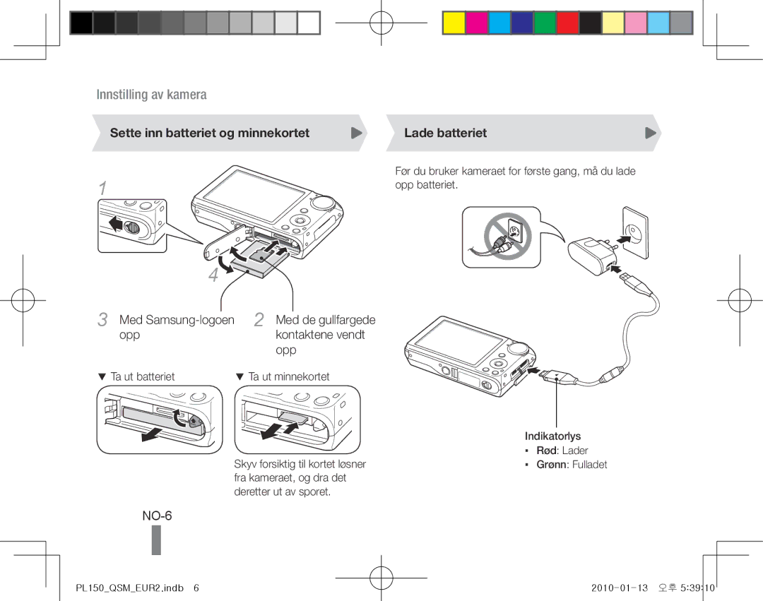 Samsung EC-PL150ZBPVDX, EC-PL151ZBDLE1 manual NO-6, Sette inn batteriet og minnekortet Lade batteriet, Kontaktene vendt 