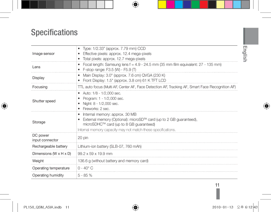 Samsung EC-PL150ZBPSIT, EC-PL151ZBDLE1 manual Specifications, Image sensor Lens Display Focusing Shutter speed Storage 