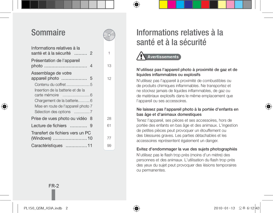 Samsung EC-PL150ZBPRIT, EC-PL151ZBDLE1 Sommaire, Informations relatives à la santé et à la sécurité, FR-2, Avertissements 