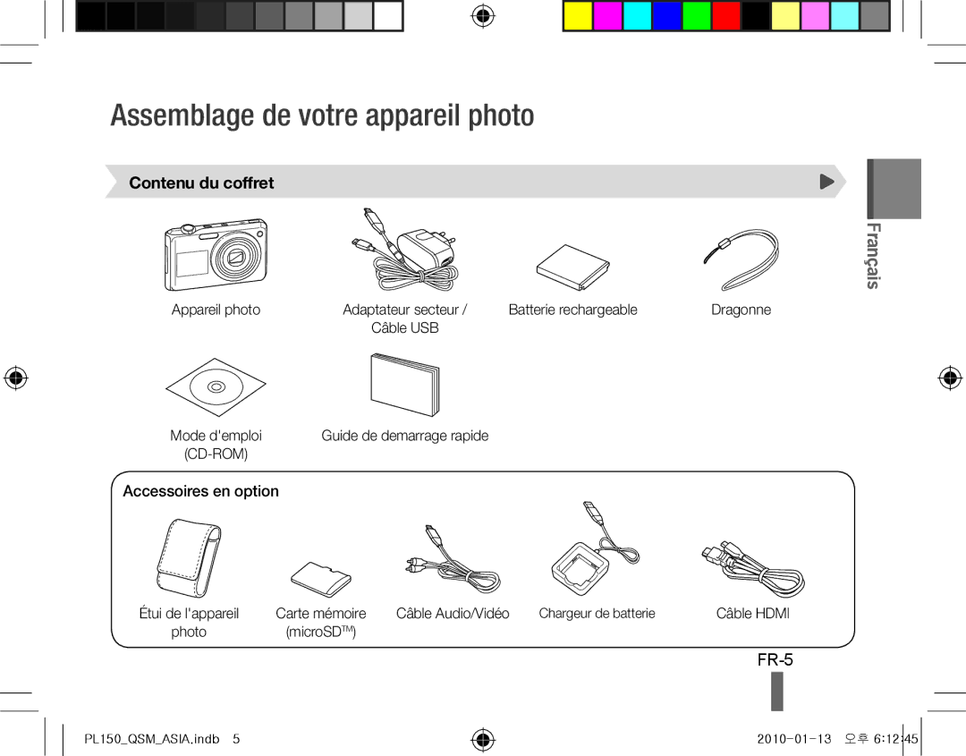 Samsung EC-PL150ZDPRAS, EC-PL151ZBDLE1 Assemblage de votre appareil photo, FR-5, Contenu du coffret, Accessoires en option 