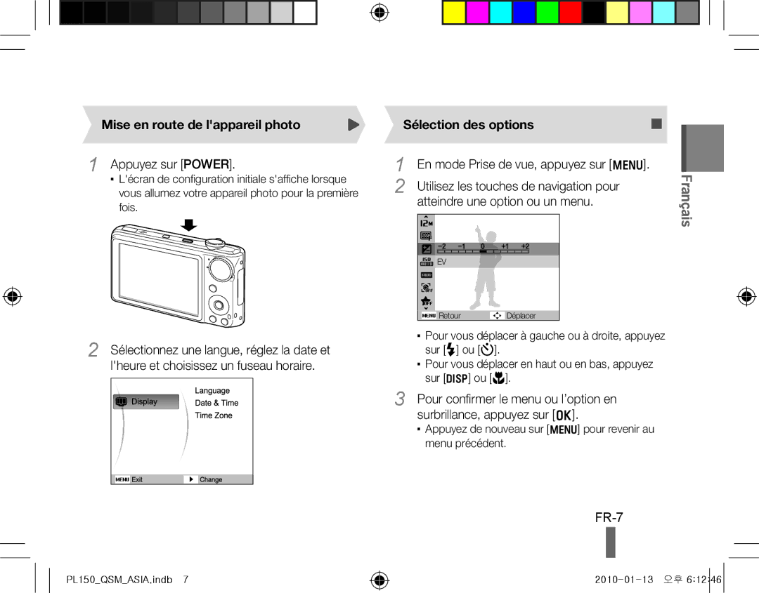 Samsung EC-PL150ZBPUDX, EC-PL151ZBDLE1 FR-7, Mise en route de lappareil photo, Appuyez sur Power, Sélection des options 