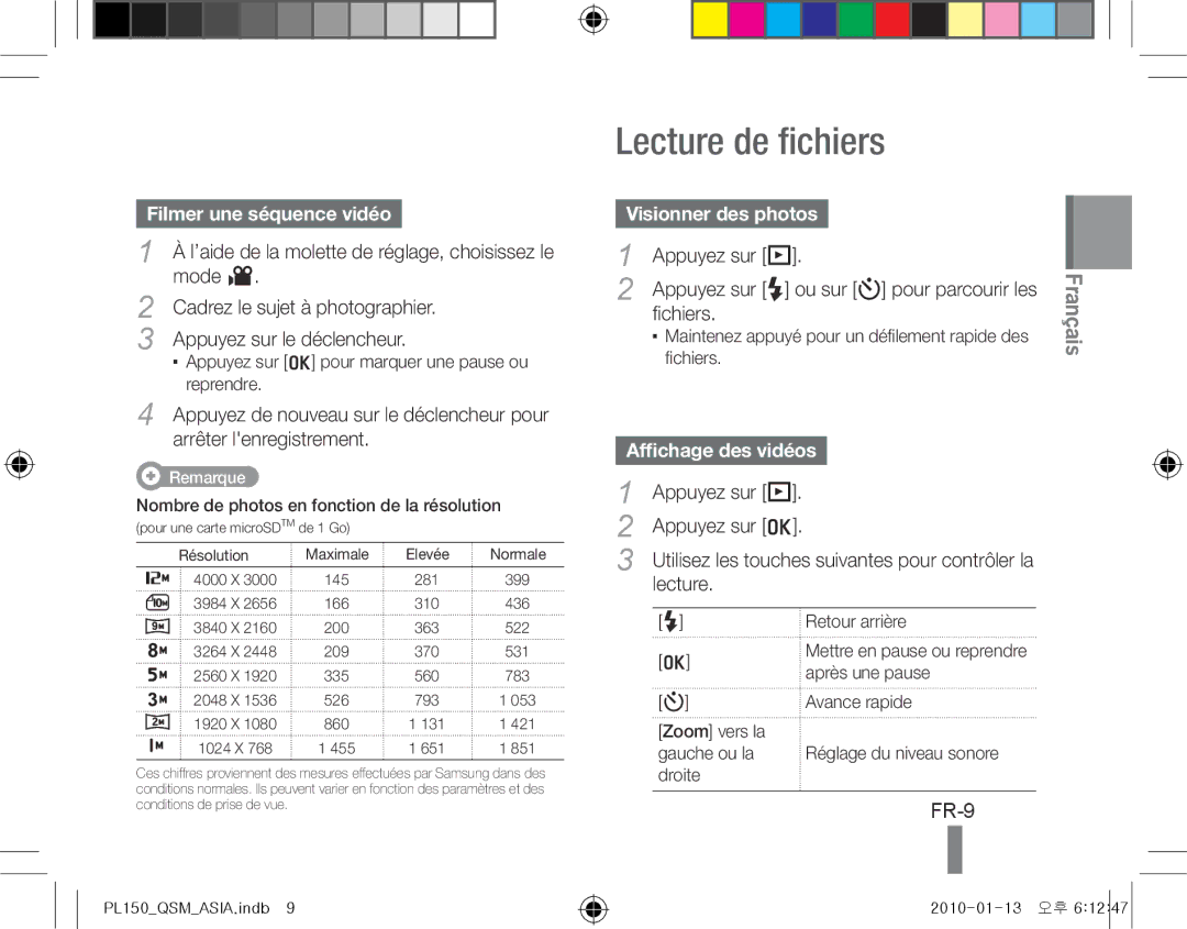 Samsung EC-PL150ZBPLIL, EC-PL151ZBDLE1 manual Lecture de fichiers, FR-9, Filmer une séquence vidéo, Visionner des photos 