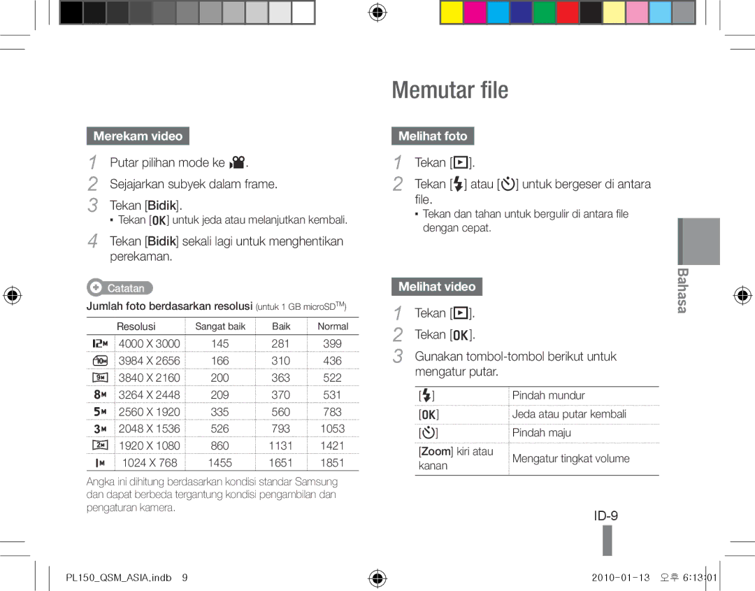 Samsung EC-PL151ZBDGVN, EC-PL151ZBDLE1, EC-PL150ZBPRGB manual Memutar file, ID-9, Merekam video, Melihat foto, Melihat video 