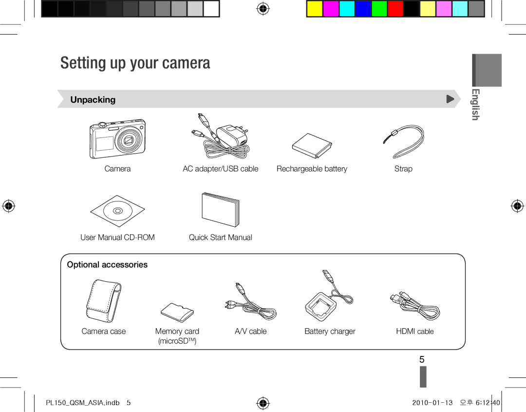 Samsung EC-PL150ZBPLE1, EC-PL151ZBDLE1, EC-PL150ZBPRGB manual Setting up your camera, Unpacking, Optional accessories 