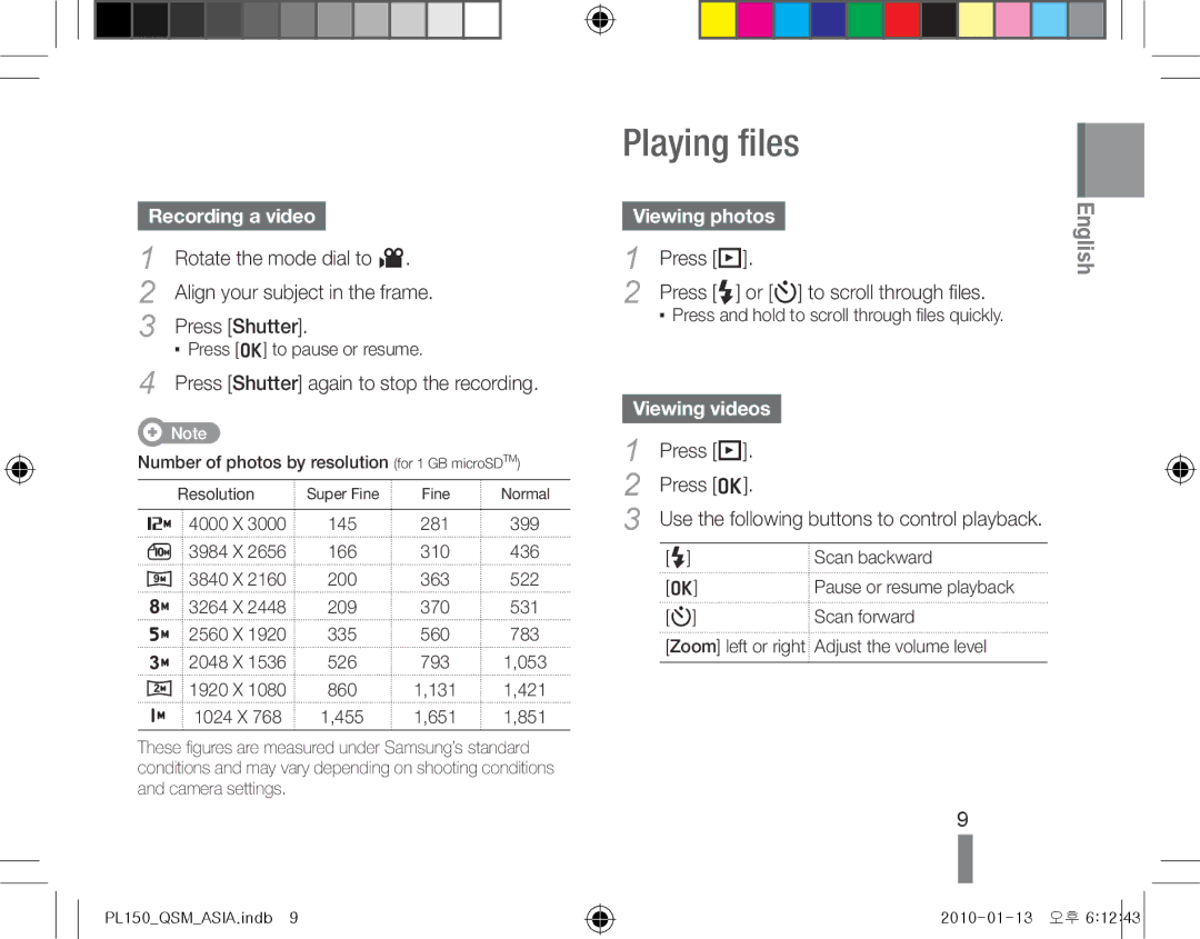 Samsung EC-PL150ZBPUIT Playing files, Recording a video, Press P, Viewing photos, Press F or t to scroll through files 