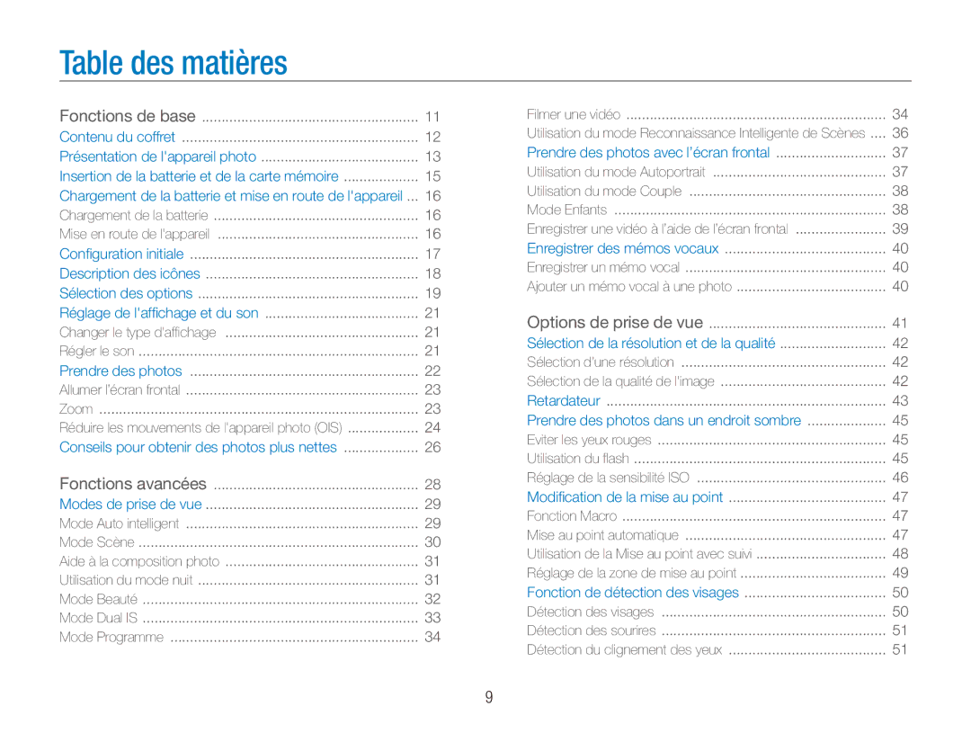 Samsung EC-PL151ZBDRE1, EC-PL151ZBDLE1, EC-PL150ZBPRGB, EC-PL150ZBPUE1, EC-PL150ZBPRE1, EC-PL150ZBPLE1 manual Table des matières 